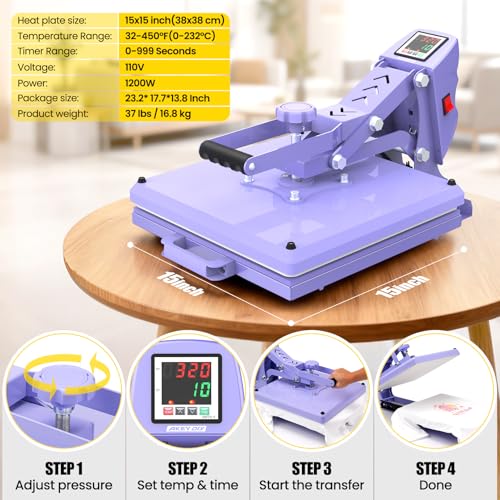 AKEYDIY 15" x 15" Slide Out Heat Press for T Shirts - Fast Heating for Sublimation, Industrial Even Heat Transfer & Precise Temp Control, Shirt Heat Press for Vinyl & Fabric Projects (15x15 Purple) AKEYDIY