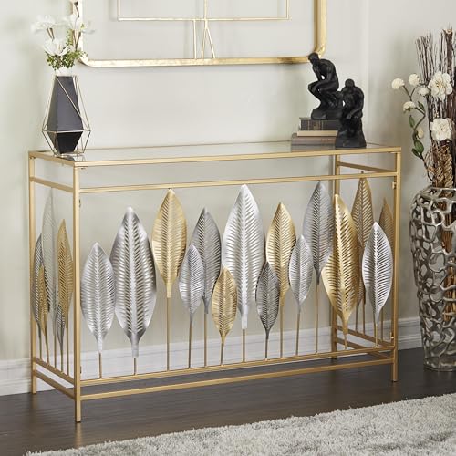 Deco 79 Metal Leaf Console Table with Mirrored Glass Top and Silver Accents, 44" x 16" x 30", Gold Deco 79