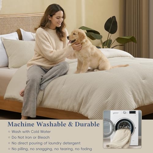 David's Home Waffle Weave Comforter Set 2PCS Twin Size, Soft Breathable Lightweight Cozy Skin-Friendly Warm for All Season, Elegant Aesthetic Home Decor Bedding Set with Pillow Shams, Linen David's Home