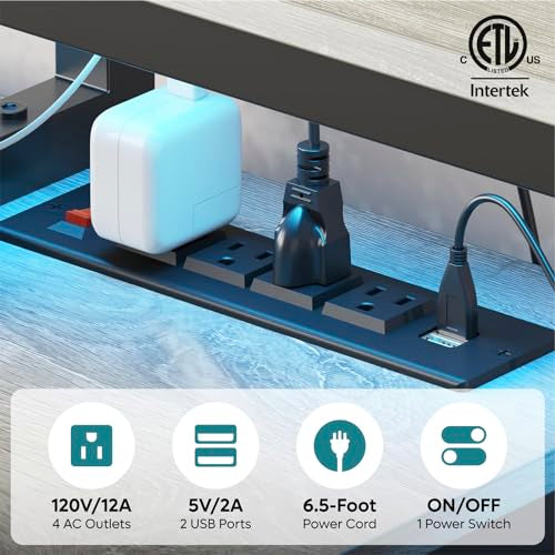 Bestier 71.5 inch Computer Desk with Power Outlets, LED Home Office Desk with Long Monitor Stand, Large Corner Desk with Storage Shelf, Cup Holder & Headset Hooks L Shaped Desk Bestier