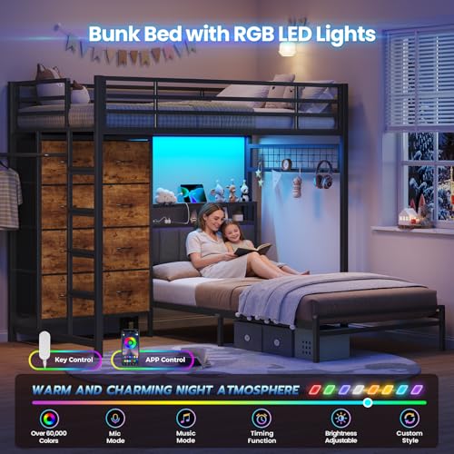 DICTAC Twin Over Twin Bunk Bed with 8 Storage Drawers and Led Lights Metal Bunk Beds with Storage Headboard and Charging Station,L-Shaped bunk Bed for Kids/Teen with Safety Guardrail and Ladder,Black DICTAC