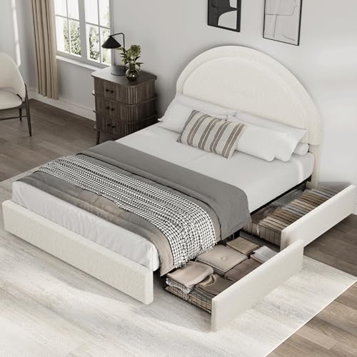 Garvee Queen Size Bed Frame with Storage Drawers, Upholstered Boucle Platform Bed with Round Headboard, Heavy Duty & Noise Free, No Box Spring Needed, Beige Garvee