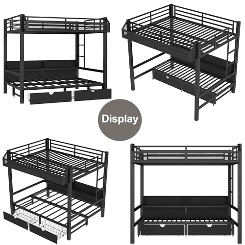 Bellemave Metal Full Over Full Size Bunk Bed Frame with Storage Drawers and Shelves,Heavy Duty Kids Bunk Beds with LED Lights and Charging Station for Teens,Adults,Convertible into a Sofa Bed,Black Bellemave