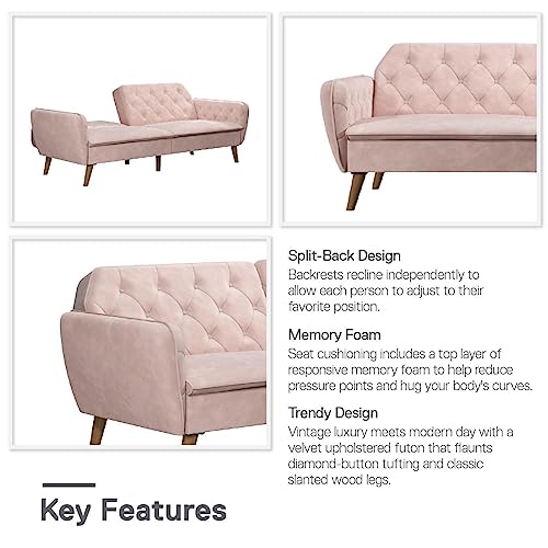 Novogratz Tallulah Memory Foam Futon, Convertible Couch, Pink Velvet Novogratz