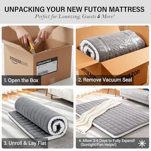 Tiita Japanese Floor Mattress Futon Mattress 4” Thick Folding Roll Up Sleeping Pad with Bag & Strap, Bed Topper Mat for Guest, Lounger and Travel, Grey,Full Size Tiita