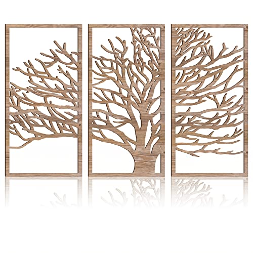 BINCUE 3 Panel Rustic Wood Wall Art Tree of Life Boho Decor with 3D Hollow Craft Art for Kitchen & Bathroom & Living Room BINCUE