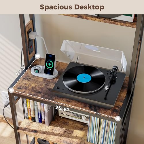 IRONCK Record Player Stand, 2-Tier Vinyl Record Storage, Large Record Player Table with Charge Station, Turntable Stand with Record Rack Holds Up to 300 Albums for Living Room IRONCK