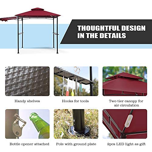 FAB BASED 5x8 Grill Gazebo, Outdoor BBQ Grill Patio Canopy with Extra Shadow & LED Lights, Barbeque Gazebo Canopy (Red) FAB BASED