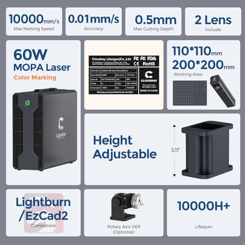 Cloudray 60W MOPA Fiber Laser Engraver, Color Marking, Metal Engraving with 2 F-Theta Lenses, 110x110mm, Laser Engraving Machine, 60,000mW, Class 2, Model CLM60F Cloudray