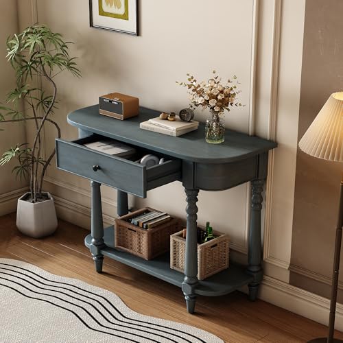 MTHOUSE 36" Narrow Console Table with Curved Corner | Retro Entryway Table with Top Drawer and Open Shelf | Sofa Table Console for Entryway, Hallway & Living Room (Navy) MTHOUSE