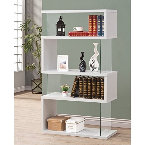 BOWERY HILL Cool Modern 4 Shelf Asymmetrical Snaking S-Shape Bookcase in Glossy White and Glass BOWERY HILL
