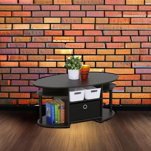 Furinno Jaya Simple Design Oval Coffee Table with Bin for Living Room, Walnut Furinno