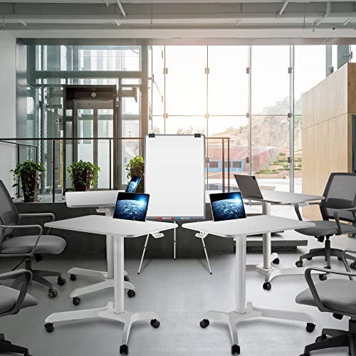 AVLT 44-inch Ambidextrous Pneumatic Laptop Standing Desk Cart (3 ft 8 in), Mobile Rolling Desk with Adjustable Height, Folding Computer & Projector Cart, White Cart with Brakes AVLT