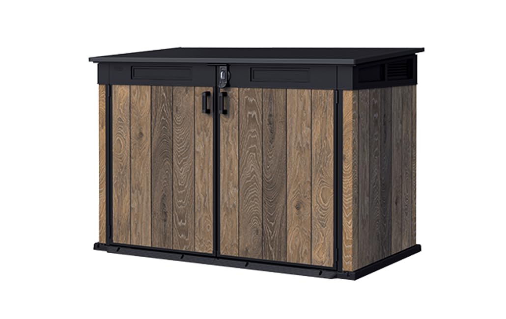 Keter Signature Collection All-Weather Storage Shed with Skylight, Window, Built-in Ventilation, Customizable Walls, & Lockable Double Doors, Walnut Keter
