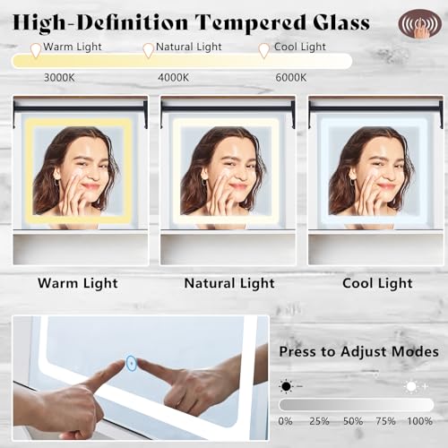 AMERLIFE 47.2" W Farmhouse Makeup Vanity Desk with Sliding Mirror, Vanity Set with Stool & Charging Station & 3 Brightness Lights, Glass Desktop, Ample Storage, Antique White AMERLIFE