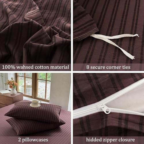 BESTDESIL Striped Duvet Cover Set 100% Washed Cotton Linen Like Soft Feelling Breathable Bedding(Pine Bark Brown/Black Strip,Full) BESTDESIL