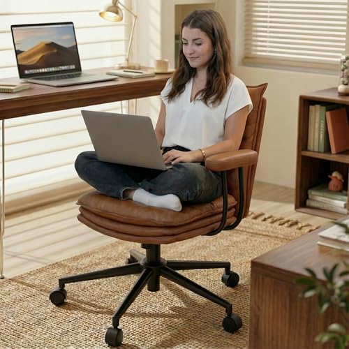 Sucrever Brown Office Chair with Triple-Layers Thicken Wide Seat, Mid Back Leather Desk Chair with Wheels and Arms, Mid-Century Modern Computer Chair for Home Office Sucrever