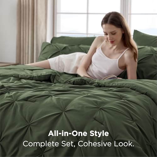 Bedsure King Size Comforter Set Olive Green - Bed in a Bag Bedding Set 7 Pieces, GentleSoft™ Pintuck Bed Set Gift for Family, Pinch Pleat Olive Green Comforter with Sheets, Pillowcases & Shams Bedsure