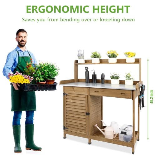 PetsCosset Garden Potting Benche Table Outdoor Wooden Work Station W/Metal Table top,Cabinet,Drawer,Large Bottom Shelf,Open Shelf Natural Wood-Brown-Brown PetsCosset