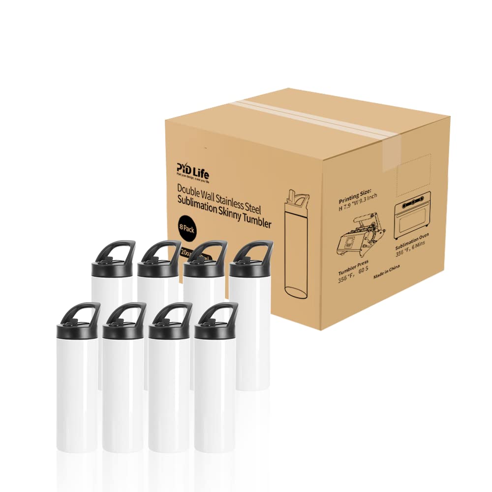 PYD Life 8 Pack Sublimation Tumblers Blanks Cups Water Bottle White 20 OZ Skinny Straight Sports Bottles Mugs with Portable Sippy Up Lid with Straw,for Tumbler Heat Press PYD Life