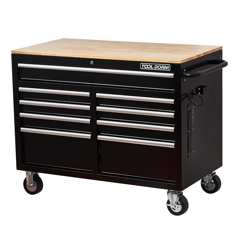 TOOL DORM Rolling Large Tool Chest Extra-Deep 46-Inch 9 Drawers, Big Tool Chest with Drawers, Workbench with Wooden Top & Integrated Power Strip, Rolling Toolbox with Drawers and Locking System TOOL DORM