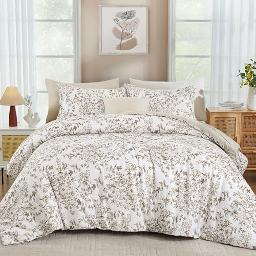 WONGS BEDDING Comforter Set King Size, 8 Pieces Brown Floral Botanical Comforter Sets, Bed in a Bag Soft Lightweight Microfiber Bedding Sets for All Seasons (90"x104") WONGS BEDDING