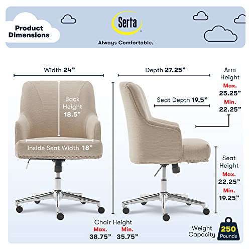 Serta Leighton Home Office Desk Chair, Mid-Back with Chrome Nailheads, Memory Foam Cushion and Padded Arms, Mid Century Modern Vanity Armchair with Wheels, Swivel Base, Twill Fabric, Stoneware Beige Serta