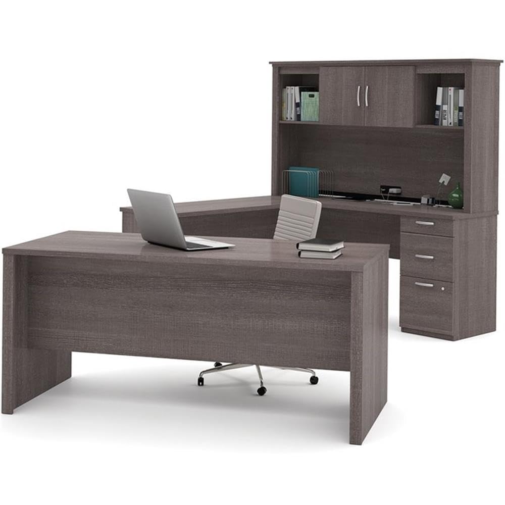 Atlin Designs Modern Wood U Shape Computer Desk with Hutch in Bark Gray Atlin Designs