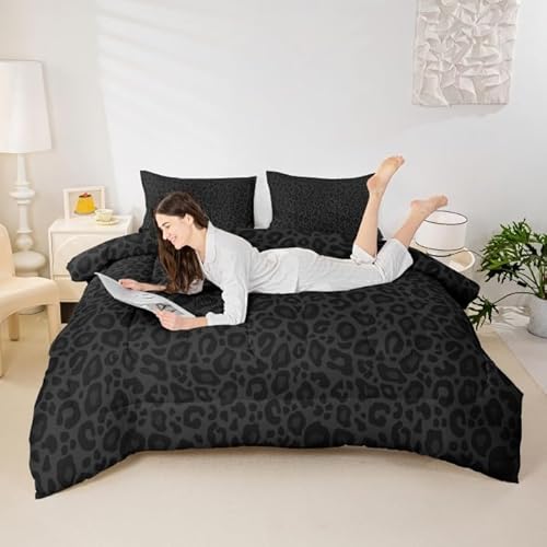 Castle Fairy Leopard Print Comforter Set Queen Size Cheetah Print Super Soft Bedding Set for Women Bedroom Decor,African Wildlife Animal Skin Comforter-3 Pieces,Retro Noble Duvet Insert,Black Grey Castle Fairy