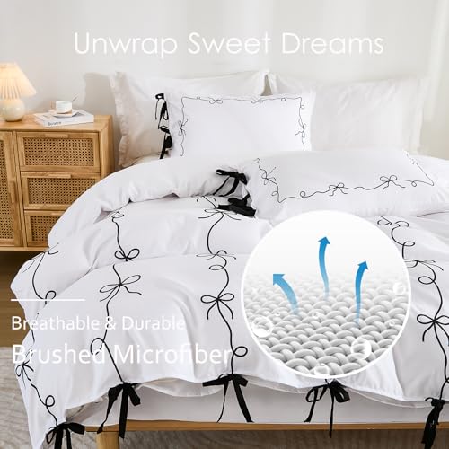 Black White Duvet Cover Set Black Bow Tie Bedding Set Super Soft Breathable Microfiber Bowknot Butterfly Tie Aesthetic Bedding Romantic French Twin Duvet Cover for All Season Chumerry