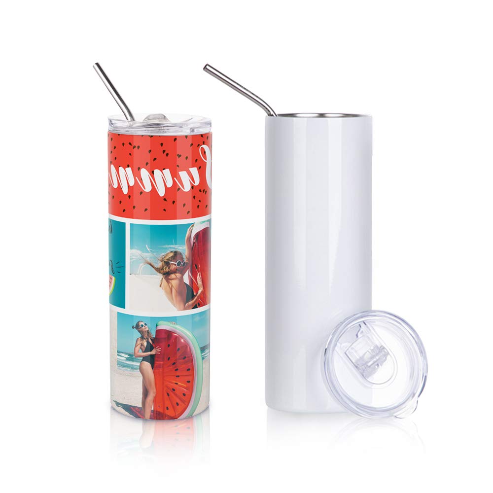 PYD Life 2 PCS Sublimation Blanks Skinny Tumbler White 20 OZ Straight Double Wall Stainless Steel Tumbler with Metal Straw Tumbler Cups for Tumbler Heat Press Machine Heat Transfer PYD Life