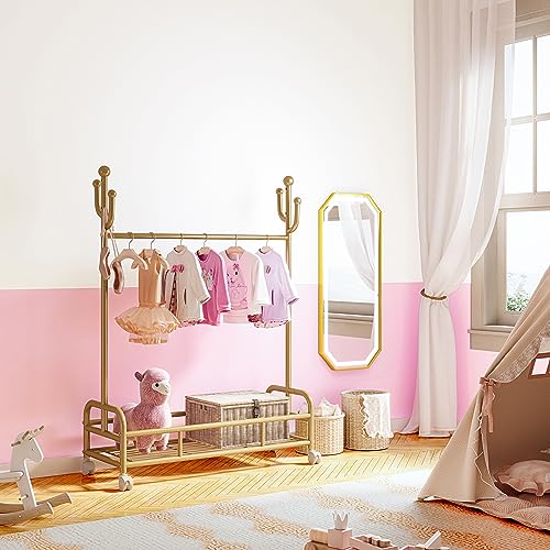 Bestier Kids Dress Up Rack, Adjustable Rack Height for Kids Clothes Rack, Bottom Storage Shelf with Wheels, Metal Dress Up Rack for Kids, Toddler, Children, Girls, Boys, Gold Bestier