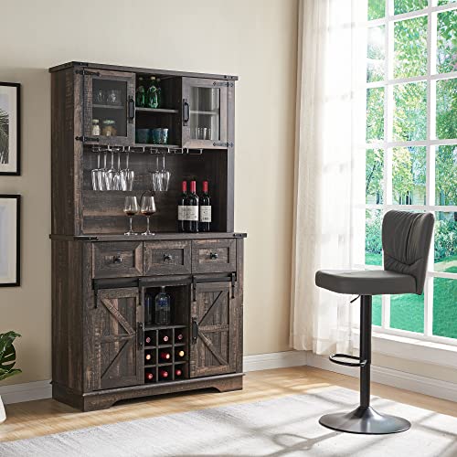 OKD 72" Farmhosue Bar Cabinet with Sliding Barn Door, Large Kitchen Buffet with Hutch w/Wine & Glasses Rack, 3 Drawers, 12 Storage Shelves, Rustic Coffee Bar Sideboard Table, Dark Rustic Oak OKD