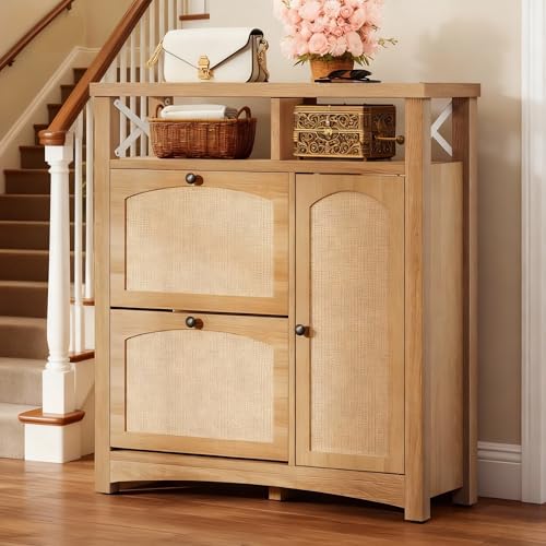 YITAHOME Farmhouse Shoe Cabinet with 2 Flip Drawers, Rattan Shoe Rack w/Adjustable Shelves and Open Storage, Rustic Wood Entryway Organizer for Hallway, Foyer, Porch, Living Room, Light Oak YITAHOME