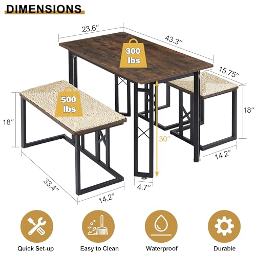 VECELO 43.3" Dining Table Sets, Farmhouse Small Kitchen Table for 4 with 3 Benches Wicker Mats,Metal Frame Space-Saving Adjustable Feets Coffee Table for Home Kitchen Dining, Dark Brown VECELO