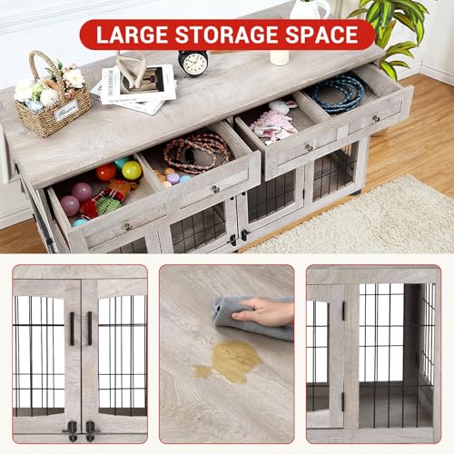 Dog Crate Furniture with 5 Doors, 58" Wooden Dog Kennel End Table with Large Capacity Drawers, Dog House with Openable Divider for Small/Medium/Large Dog,Dog Cage,Side End Table (Rustic Grey) LALFPET