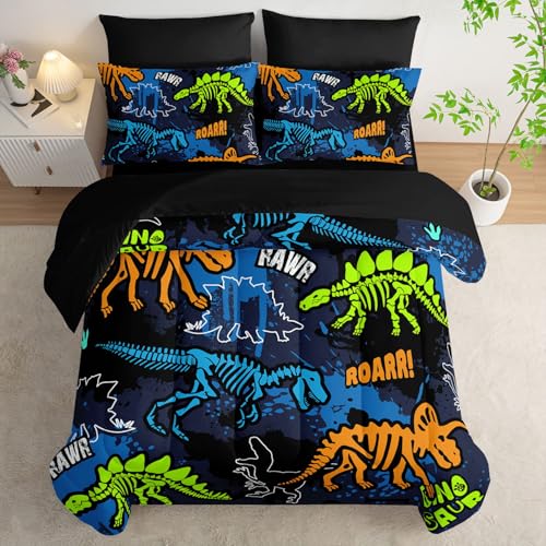 Smell Sunshine 7pcs Comforter Set Dinosaur Theme Printed Bedding Set with 1 Comforter, 1 Flat Sheet, 1 Fitted Sheet and 4 Pillowcases for Boys and Girls Bedroom (Dinosaur King Smell Sunshine