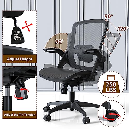 KOLLIEE Mesh Home Office Chair Ergonomic Swivel Office Desk Chair with Adjustable Lumbar Support Black Comfortable Computer Chair with Flip up KOLLIEE