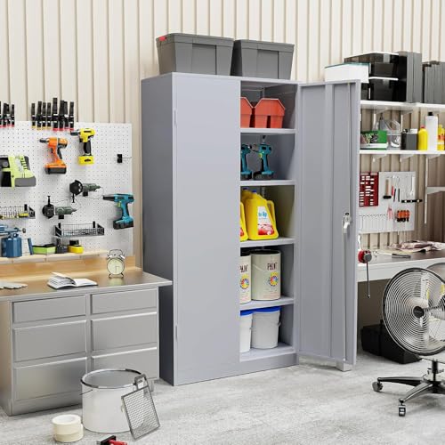 SUNCROWN Metal Storage Cabinets, 72”Locking Cabinet with 2 Doors and 4 Adjustable Shelves, Steel Utility Tool Garage Cabinets,Tall Metal Lockable File Cabinet for Office,Home, Gym, School, Grey SUNCROWN
