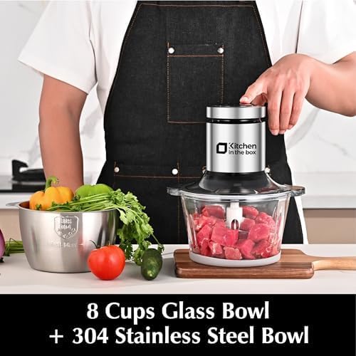 Kitchen in the box Food Processors,400W All-Copper Motor Meat Grinder & Food Chopper - Electric Vegetable Chopper with 2 Bowls(8 Cup+8 Cup) & 2 Bi-Level Blades for Meat/fish/Vegetable/Baby Food Kitchen in the box
