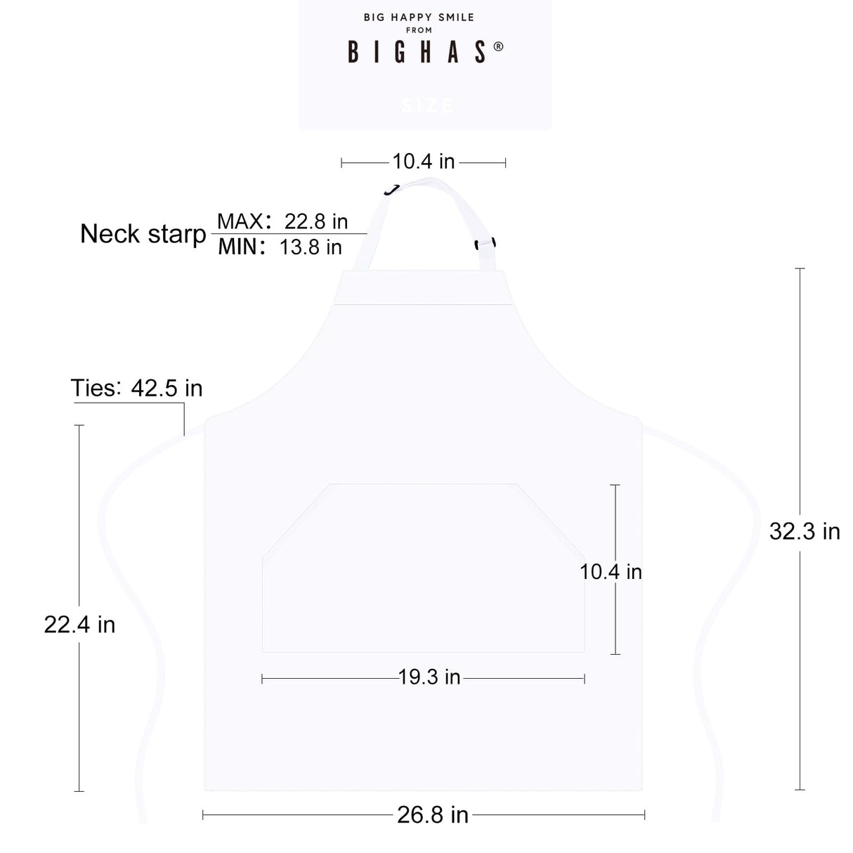 BIGHAS Adjustable Bib Apron with Pocket Extra Long Ties for Women Men, 18 Colors, Chef, Kitchen, Home, Restaurant, Cafe, Cooking, Baking (White) BIGHAS