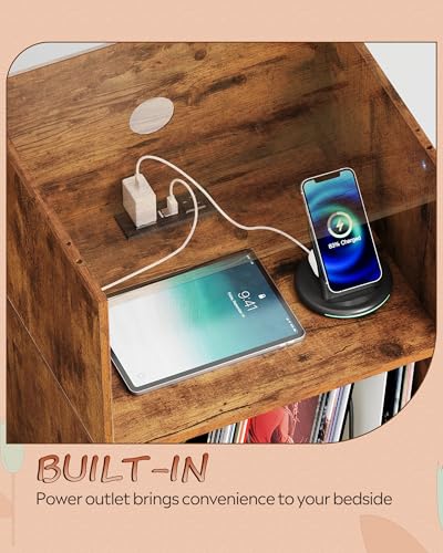 WLIVE Record Player Stand, Modern Nightstand with Storage, Small Space Bedside Table, End Table for Bedroom & Living Room, Mid Century Night Stand, Rustic Brown WLIVE