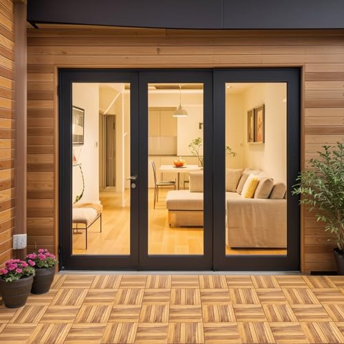 Interlocking Deck Tiles 12x12, Six Slats Waterproof Solid Wood Patio Tiles Flooring Tiles for Indoor and Outdoor Balcony Porch Backyard Garden Poolside All-Weather Use (1 Pack 10 Pieces) Fangflower