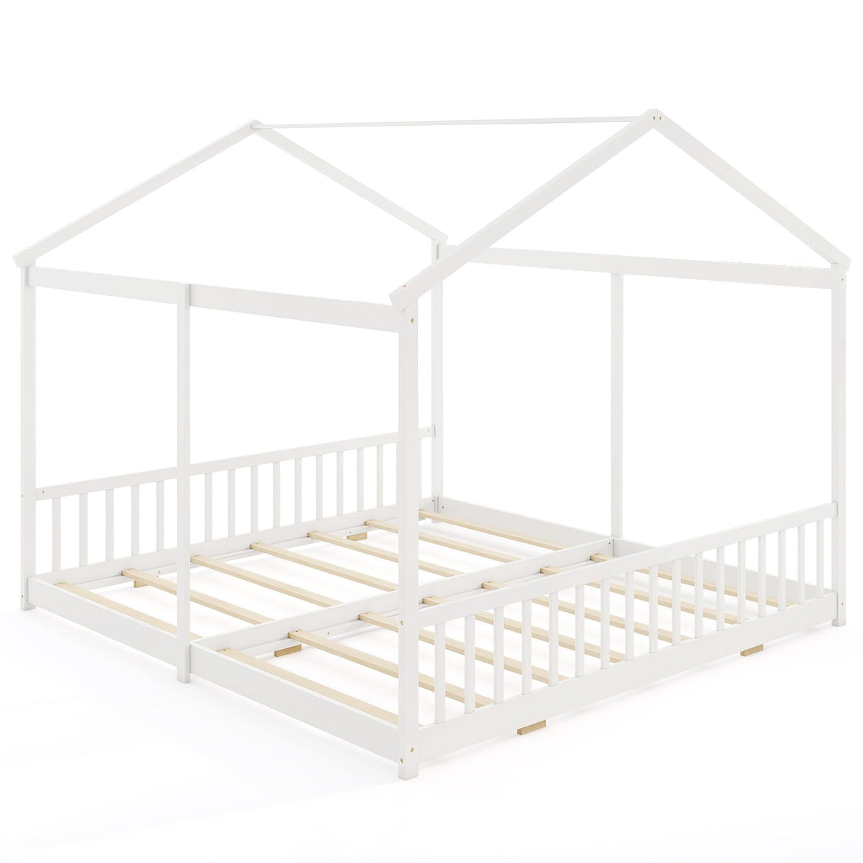 KOMFOTT Double Twin Floor House Bed, House Platform Beds for 2 Kids, Double Montessori Floor Bed with Safety Guardrails, No Box Spring Needed, Wooden Slat Supported Twin Floor Bed (White) KOMFOTT