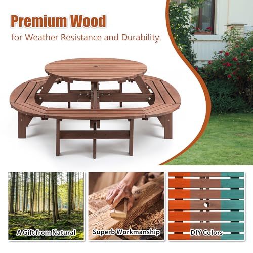 10-12 Person Picnic Table Round Outdoor Dining Table with Umbrella Hole,1 Built-in Ring Stool,Wooden Outside Picnic Tables and Bench Set for Garden,Patio, Backyard,2500LBS Total Capacity,Walnut Brown Pvillez
