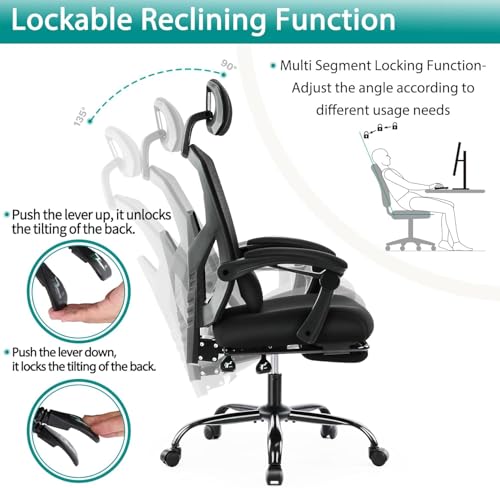 DUMOS Home Office Desk Chair with Footrest, High-Back Mesh Rolling Swivel Reclining Chairs with Wheels, Comfortable Headrest, Lumbar Support, Comfy Arms for Home, Office, Gaming, Student, Inky DUMOS