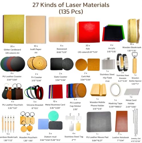 Mroy mio 135 PCS Laser Engraving Material Kit, 27 Kinds Laser Engraver Blanks for Laser Crafting, Includes Wood, Acrylic, Fabric, Rock, PU Leather, Diatom Mud Materials Mroy mio