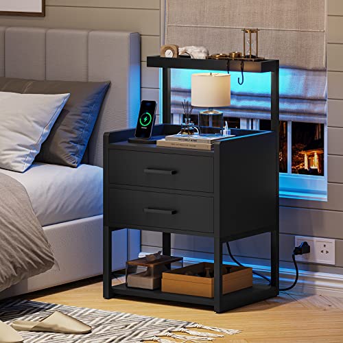 AOGLLATI LED Nightstand Set of 2 with Charging Station, 2 Drawers Night Stand with LED Lights for Bedroom, 2 USB Ports, 2 Power Outlets, Bed Side Table with Storage Shelves AOGLLATI