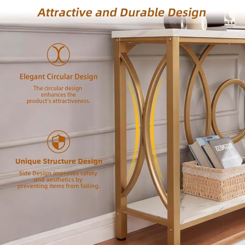 HOMISSUE Sofa Console Table, Modern Gold Console Table with Faux Marbled Tabletop, Engineered Wood Entryway Tables with 2 Tier Storage, Narrow Sofa Table for Living Room, Hallway (55 Inch, White&Gold) HOMISSUE