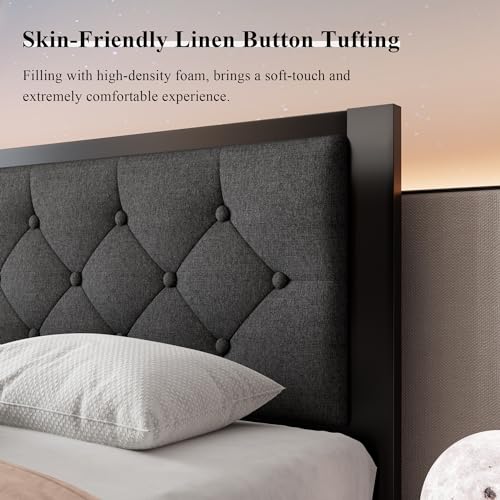 Feonase Twin Size Metal Bed Frame with Linen Upholstered Headboard, Heavy-Duty Platform Bed Frame with 12" Storage, Steel Slats Support, No Box Spring Needed, Gray Feonase